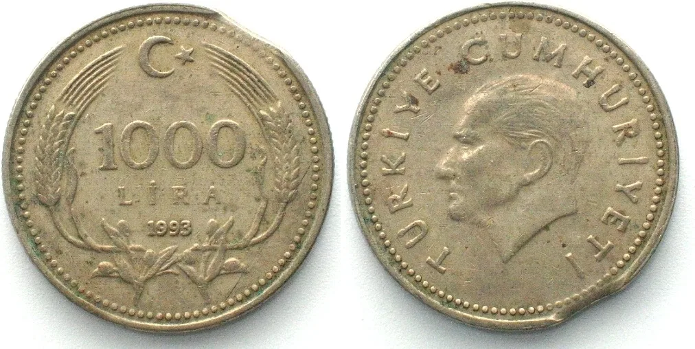 1993 TURKEY 1000 Lira 1993 nickel-brass, MINT ERROR Clipped flan AU