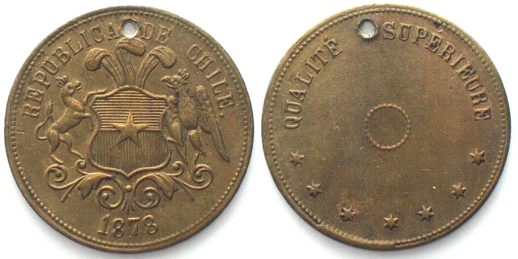 1878 CHILE - PATTERN 10 Pesos 1878 brass RRR! EF-