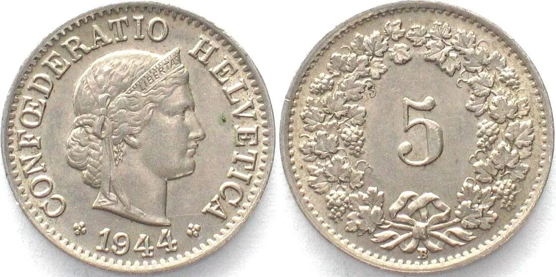 1944 SWITZERLAND 5 Rappen 1944 Cu-Ni UNC!