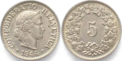 1944 SWITZERLAND 5 Rappen 1944 Cu-Ni UNC!