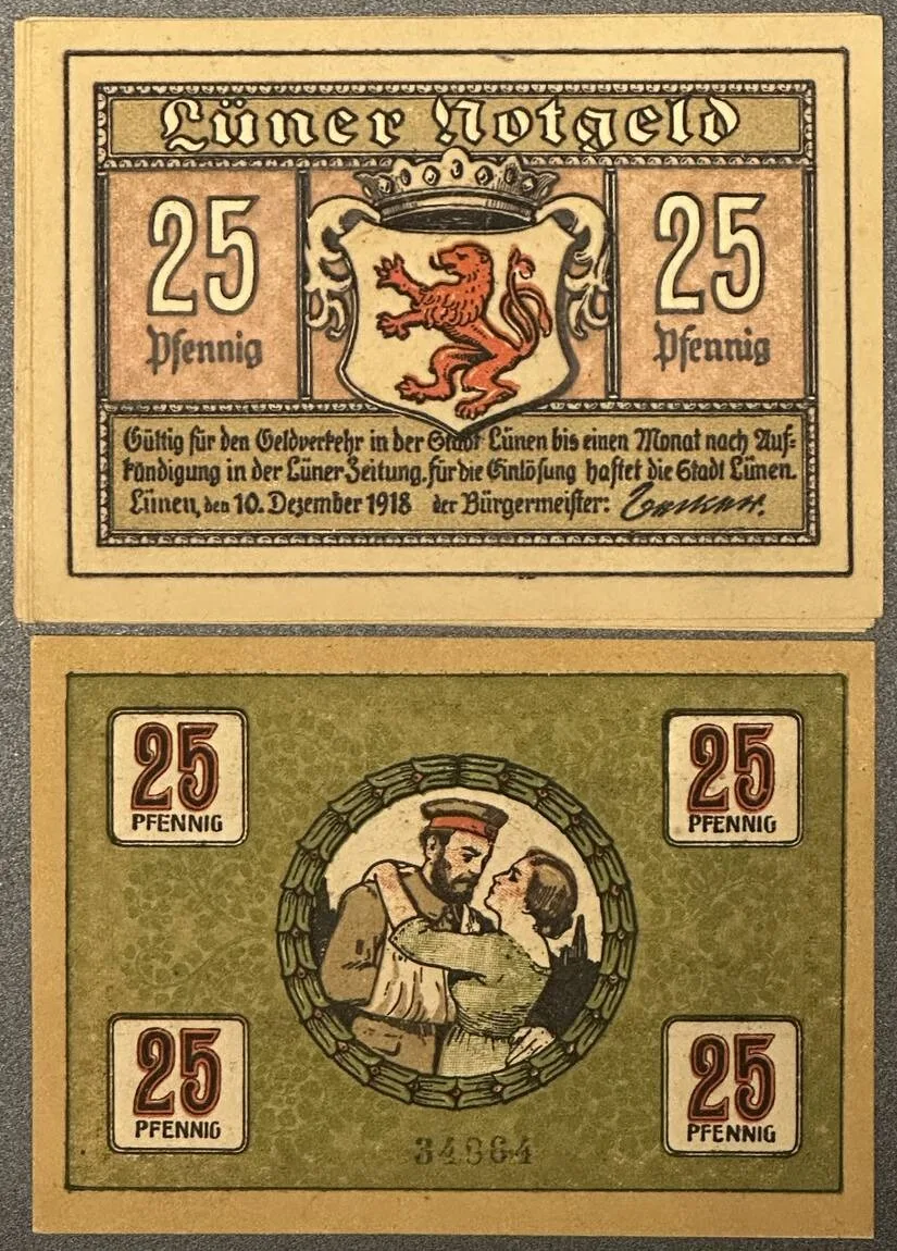 1918 GERMANY. Notgeld. LÜNEN. 8 x 25 Pfennig 1918 UNC