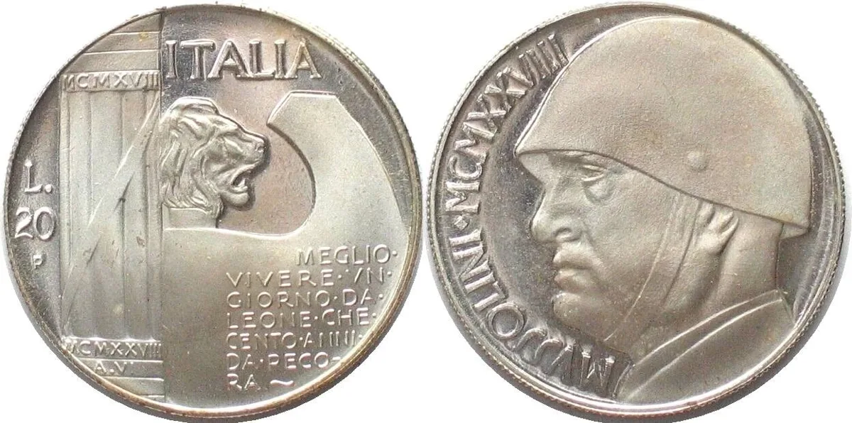 1928 ITALY 20 Lire 1928 MUSSOLINI silvered bronze Proof