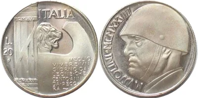 1928 ITALY 20 Lire 1928 MUSSOLINI silvered bronze Proof