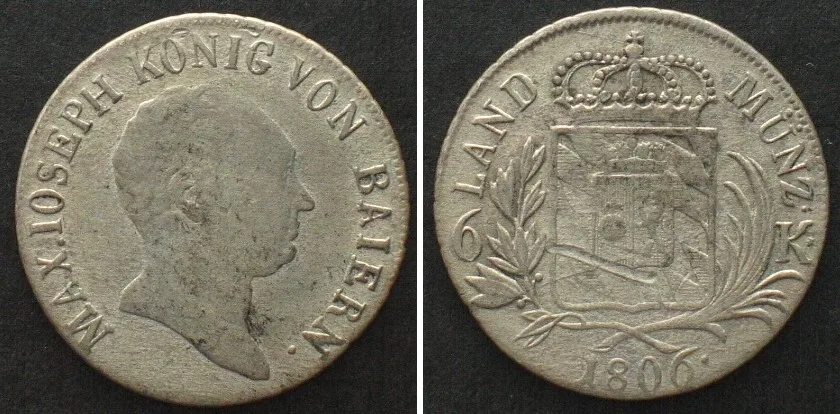 1806 German States BAVARIA 6 Kreuzer 1806 MAXIMILIAN I. JOSEPH silver VF+