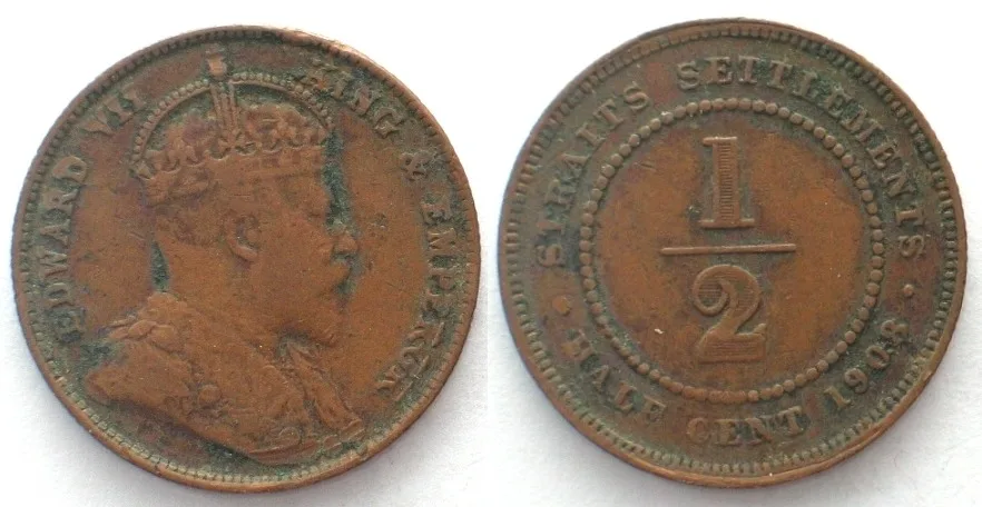 1908 STRAITS SETTLEMENTS 1/2 Cent 1908 EDWARD VII bronze VF+ SCARCE! VF+