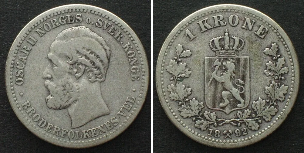 1892 NORWAY 1 Krone 1892 OSCAR II silver VF