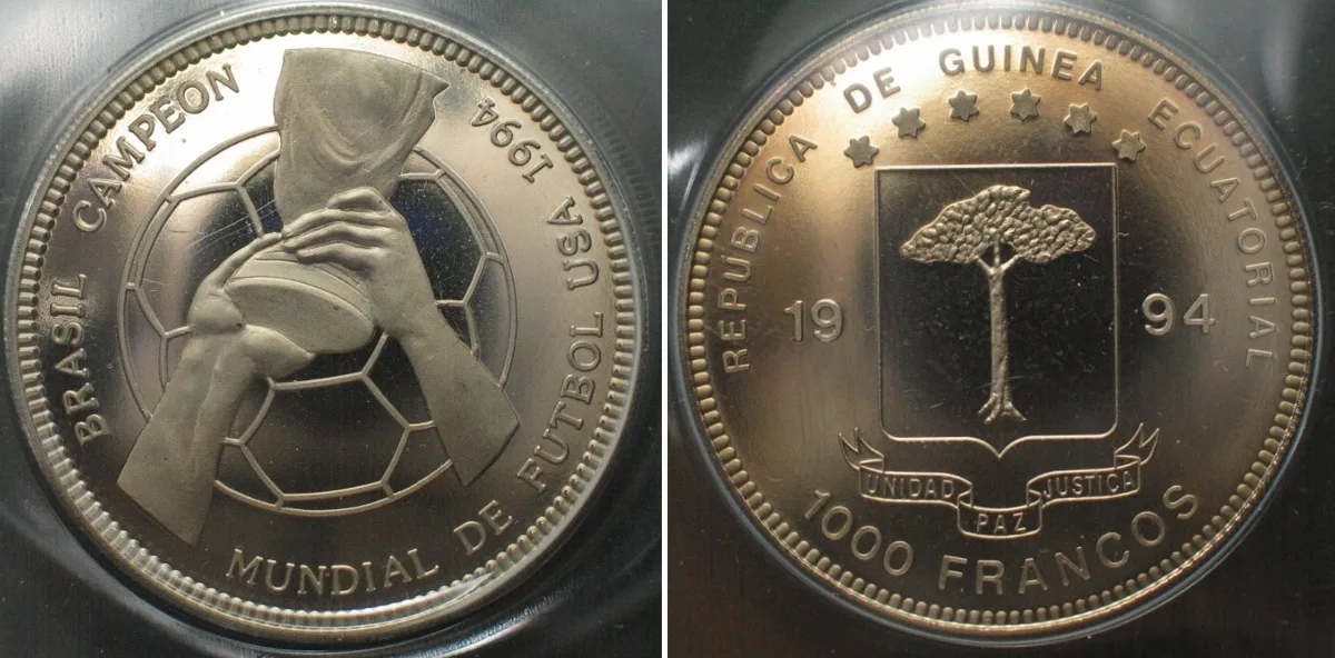 1994 EQUATORIAL GUINEA Pattern 1000 Francs 1994 SOCCER WORLD CUP Cu-Ni SCARCE! Proof