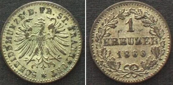 1860 German FRANKFURT City. Kreuzer 1860 billon AU