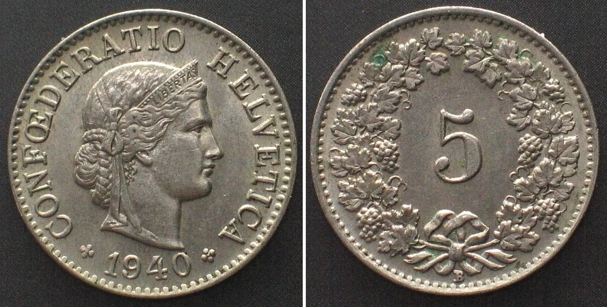 1940 SWITZERLAND 5 Rappen 1940 Cu-Ni UNC!
