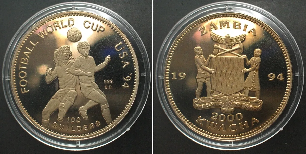 1994 MULE - ZAMBIA / SURINAME 2000 Kwacha / 100 Guilders 1994 Cu-Ni RARE! Proof