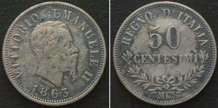 1863 ITALY. 50 Centesimi 1863 M, Milano mint, VITTORIO EMANUELE II silver VF-XF VF-EF