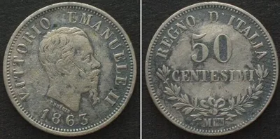 1863 ITALY. 50 Centesimi 1863 M, Milano mint, VITTORIO EMANUELE II silver VF-XF VF-EF