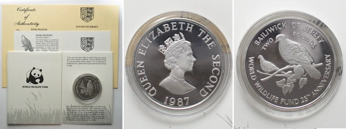 1987 RRR! ERROR - JERSEY 2 Pounds 1987 Pink Pigeon WWF silver Proof