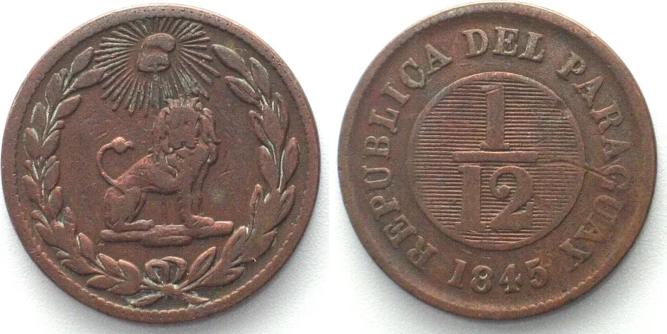 1845 PARAGUAY. 1/12 Real 1845 BIRMINGHAM copper VF+