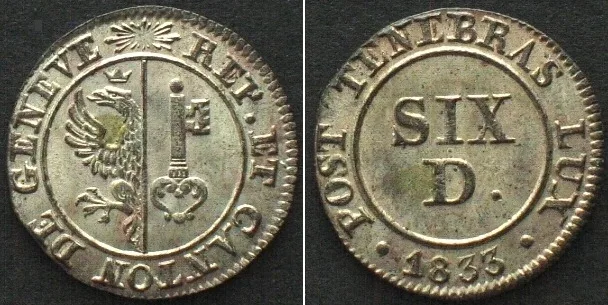 1833 Swiss Cantons GENEVA 6 Deniers 1833 billon BU!!!