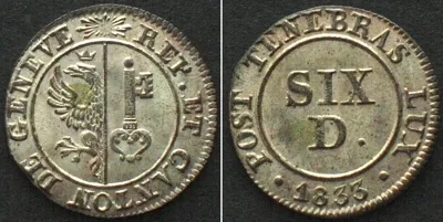 1833 Swiss Cantons GENEVA 6 Deniers 1833 billon BU!!!