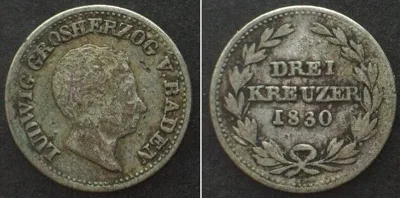 1830 German States BADEN. 3 Kreuzer 1830 LUDWIG silver VF+