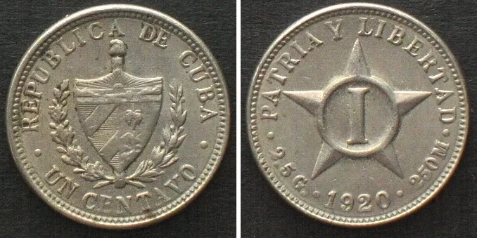 1920 CUBA 1 Centavos 1920 Cu-Ni AU!