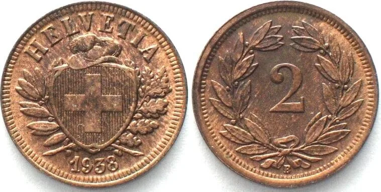 1938 SWITZERLAND 2 Rappen 1938 Bronze UNC!