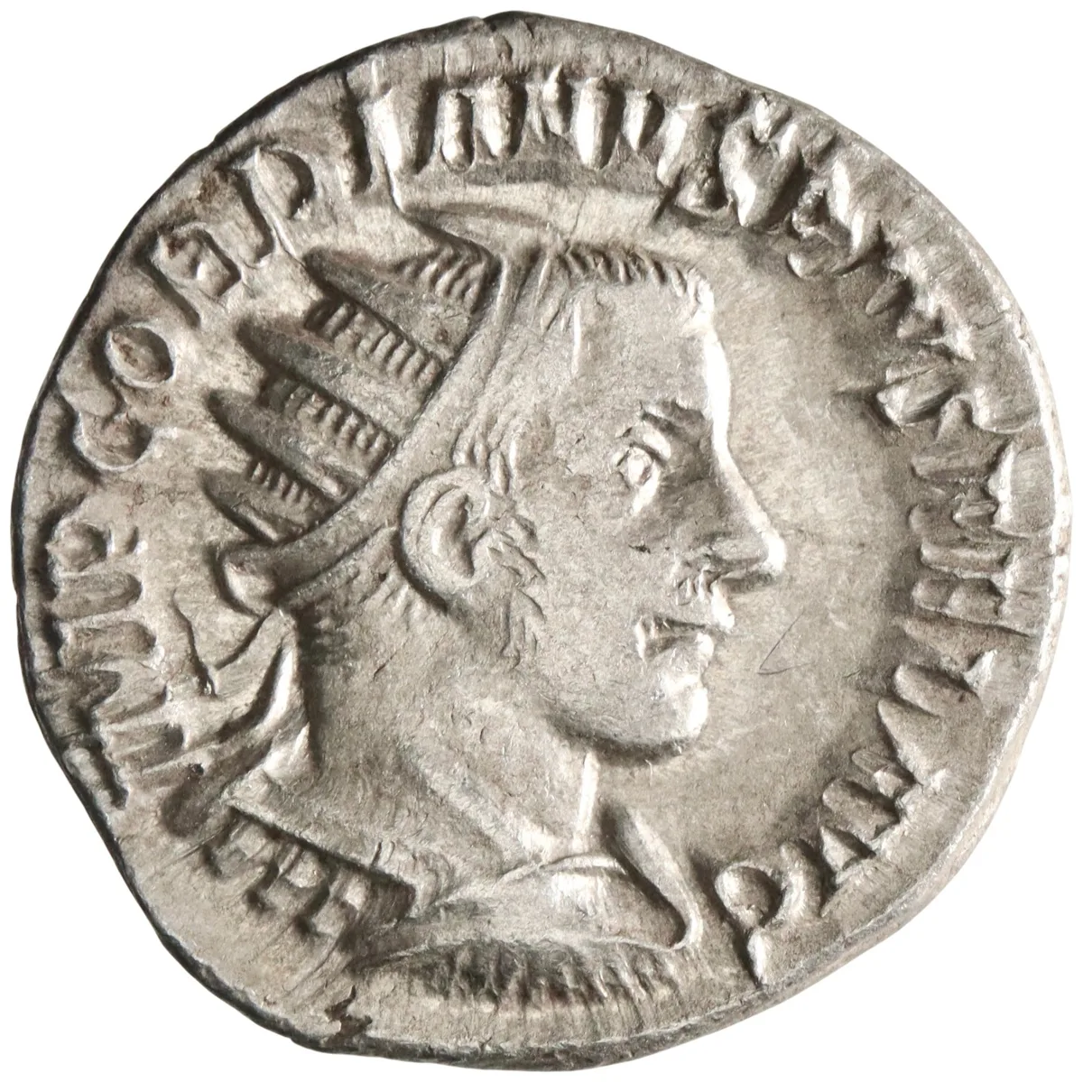 Roman: Gordian III (238-244), silver antoninianus (4.07g), Antioch mint, 238-244 CE. Radiate, draped, and cuirassed bust right / Sol standing left, holding globe and raising right hand.