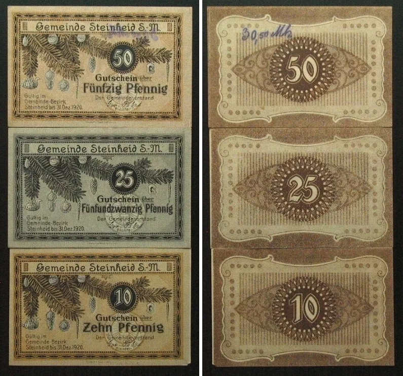 1920 GERMANY. Notgeld. STEINHEID 10, 25, 50 Pfennig 1920 UNC,UNC,UNC-