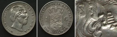1859 NETHERLANDS 1 Gulden 1859, WILLEM III, silver, NETHERLANDS INDIA chopmarks RRR! AU