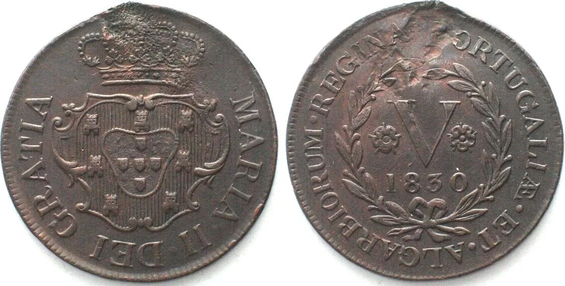 1830 AZORES - TERCEIRA ISLAND. 5 Reis 1830 MARIA II IN EXILE copper AU