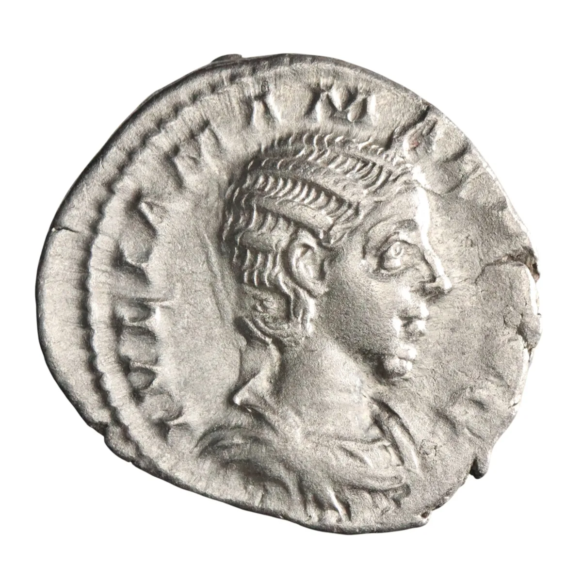 Roman: Julia Mamaea (222-235), silver denarius (2.77g), Rome mint, 222 CE. Diademed and draped bust / Juno standing, holding patera and sceptre, peacock at feet.