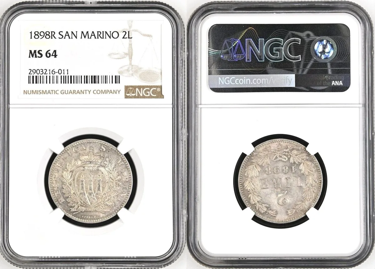 2L 1898R SAN MARINO. 2 Lire 1898 R, silver, NGC MS 64 NGC MS 64
