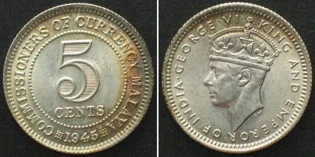 1945 MALAYA 5 Cents 1945 GEORGE VI silver BU!!!