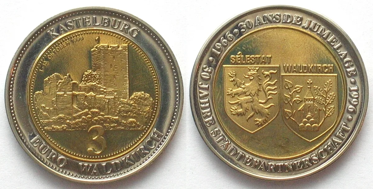 1996 Germany WALDKIRCH 3 Euro 1996 local issue bi-metallic SCARCE!!! BU