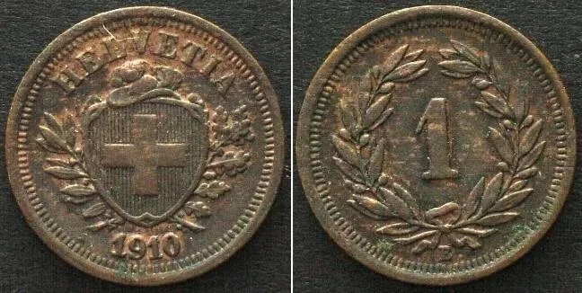 1910 SWITZERLAND 1 Rappen 1910 bronze AU