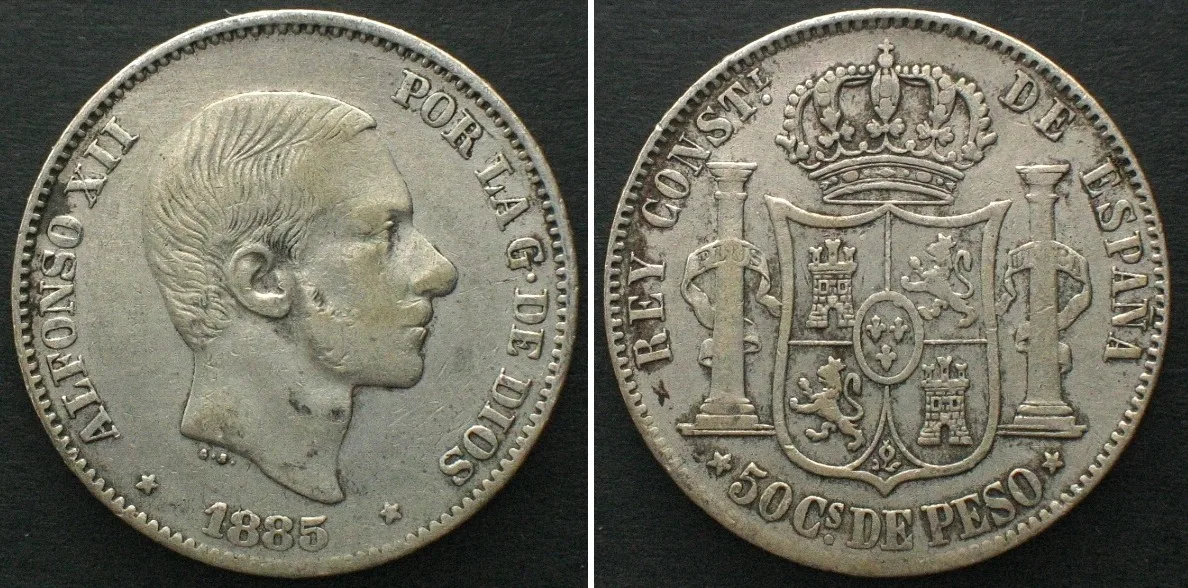 1885 SPANISH PHILIPPINES 50 Centimos 1885 ALFONSO XII silver XF! EF