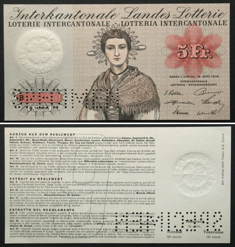 1939 Swisslos INTERKANTONALE LANDES-LOTTERIE - SPECIMEN 5 Francs 1939 RARE! UNC