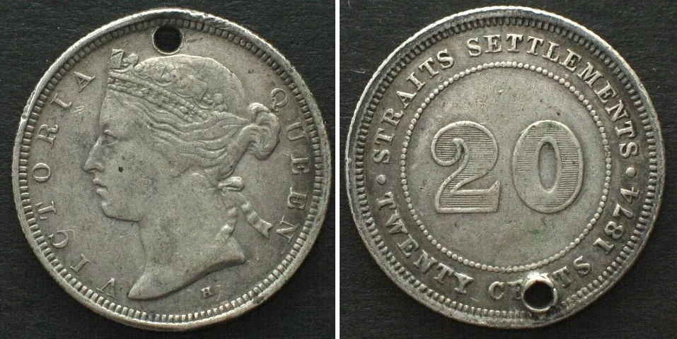 1874 STRAITS SETTLEMENTS. 20 Cents 1874 H, VICTORIA, silver RARE! XF EF