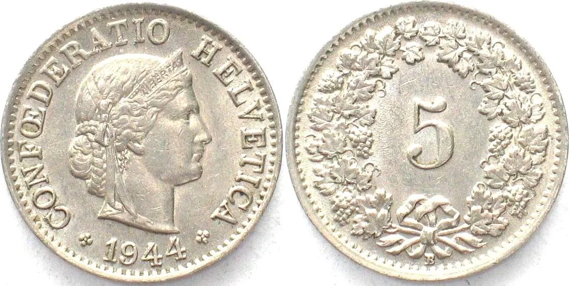 1944 SWITZERLAND 5 Rappen 1944 Cu-Ni UNC!