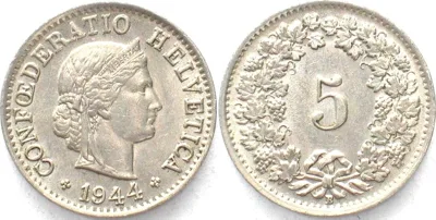 1944 SWITZERLAND 5 Rappen 1944 Cu-Ni UNC!