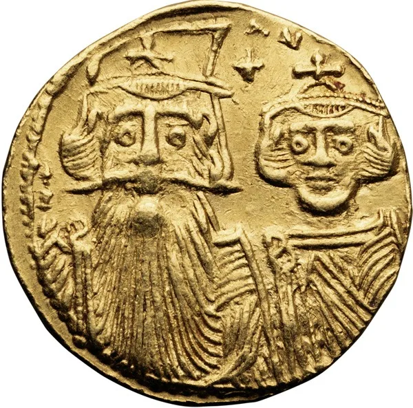 Constans II, with Constantine IV, Heraclius, and Tiberius. Solidus