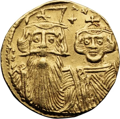 Constans II, with Constantine IV, Heraclius, and Tiberius. Solidus