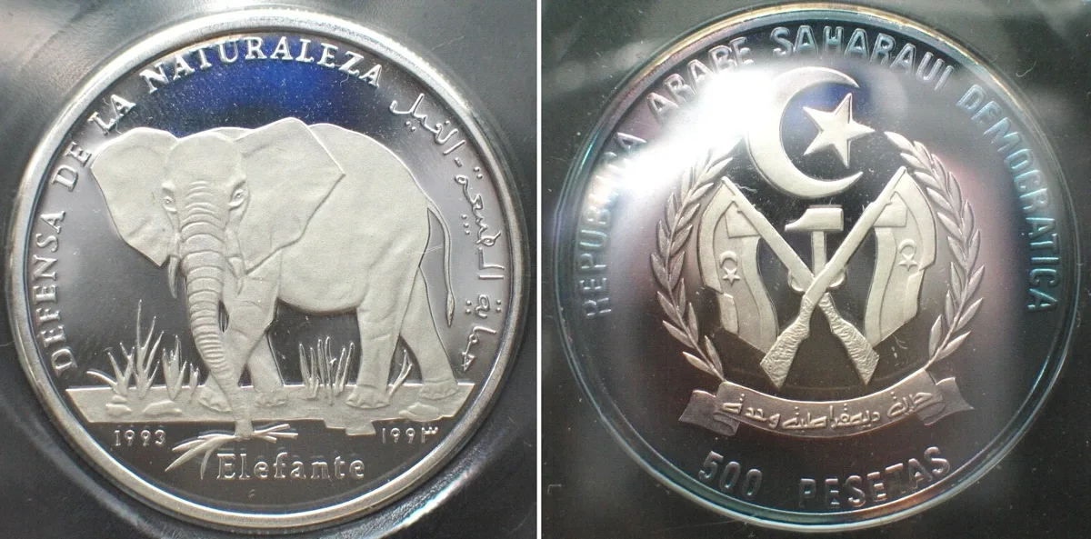 1993 SAHARAWI 500 Pesetas 1993 Elephant WILDLIFE PROTECTION silver Proof
