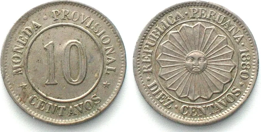 1880 PERU 10 Centavos 1880 Cu-Ni AU! EF