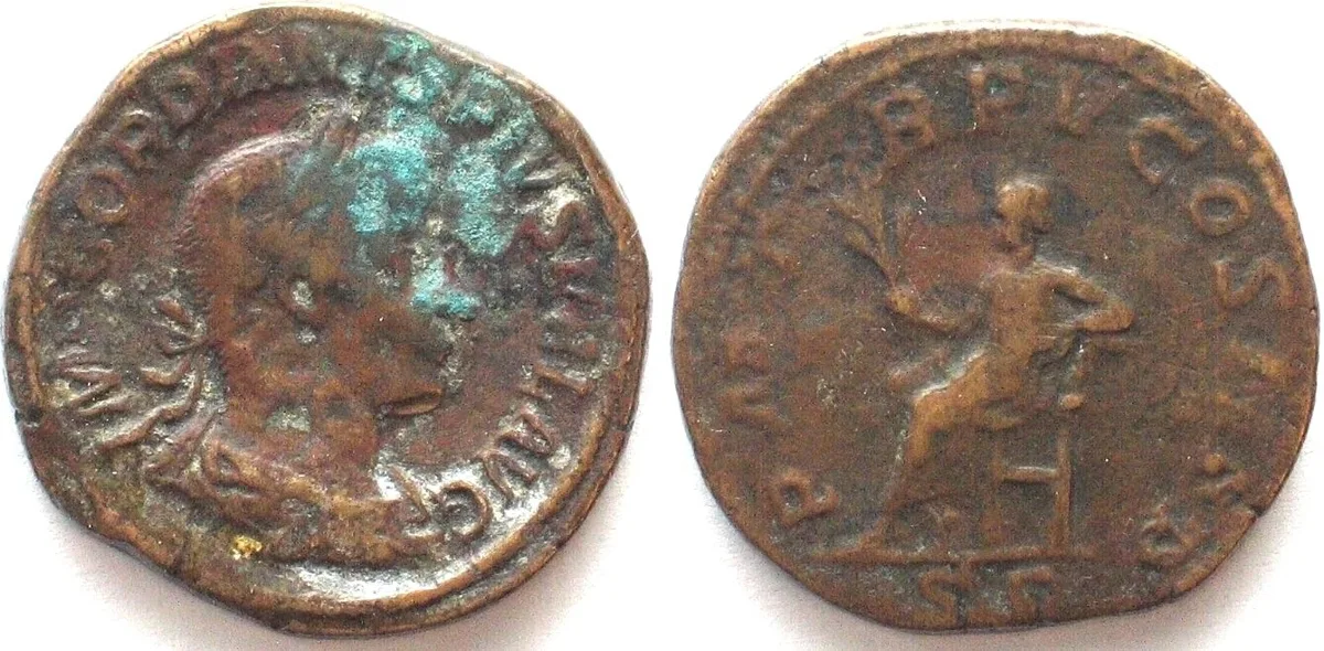 242-243 GORDIAN III (238-244 AD). AE Sestertius, 242-243, Apollo seated, VF