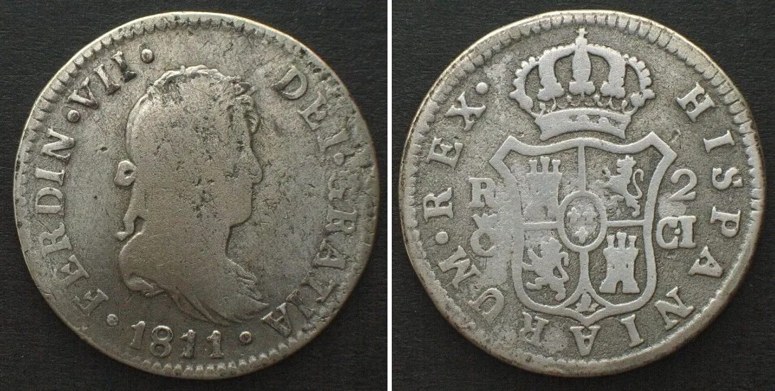 1811 SPAIN 2 Reales 1811 CI, Cadiz mint, FERNANDO VII silver VF