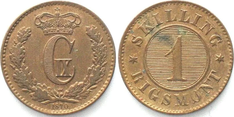 1870 DENMARK 1 Skilling Rigsmont 1870 CHRISTIAN IX bronze AU!