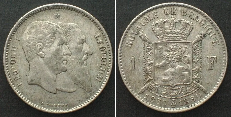 1880 BELGIUM 1 Franc 1880, 50TH ANN. OF INDEPENDENCE, silver AU!