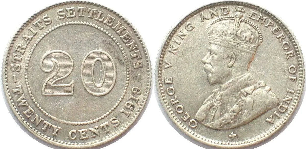 1919 STRAITS SETTLEMENTS 20 Cents 1919 GEORGE V silver AU!