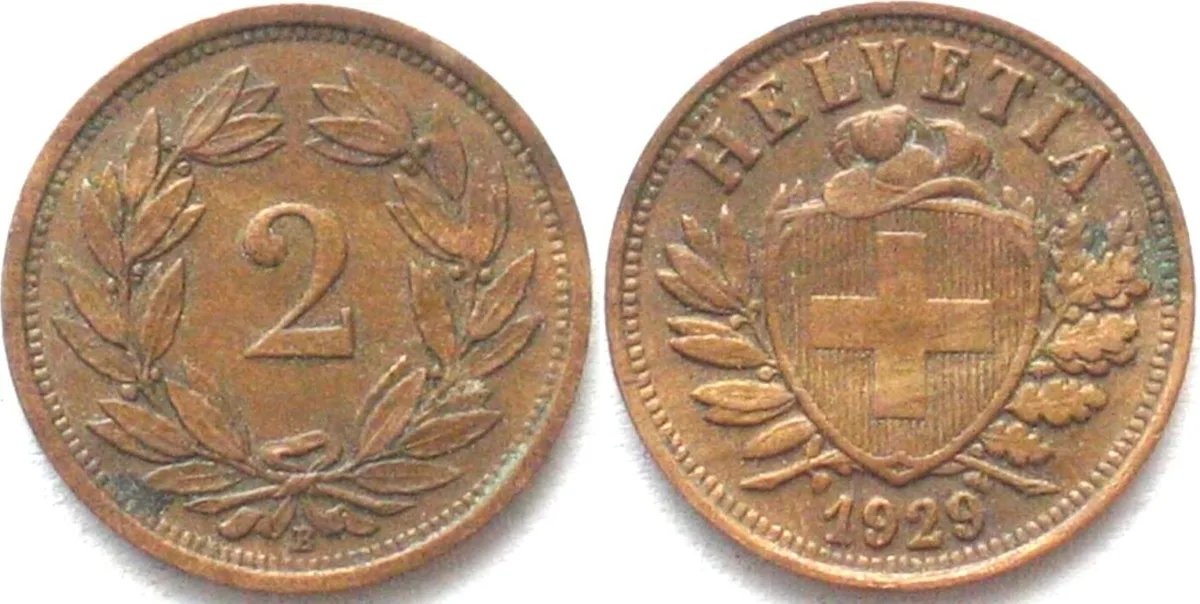 1929 SWITZERLAND 2 Rappen 1929 bronze XF! EF