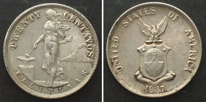 1937 PHILIPPINES 10 Centavos 1937 M, Manila mint, US ADMINISTRATION silver AU!