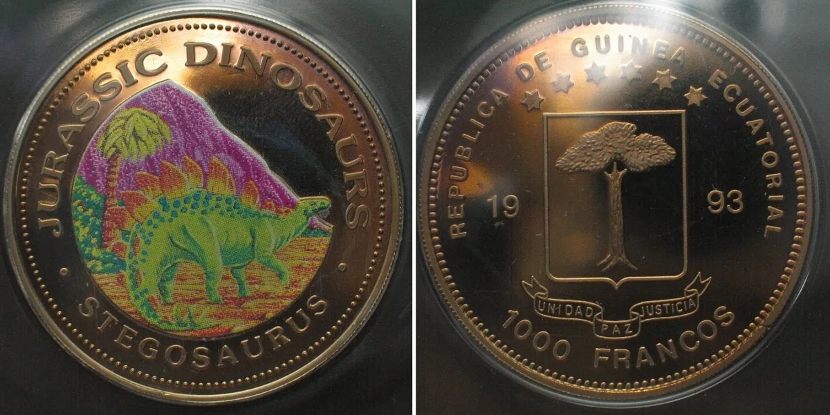 1993 EQUATORIAL GUINEA 1000 Francos 1993 Stegosaurus DINOSAURS Cu-Ni COLORED Proof