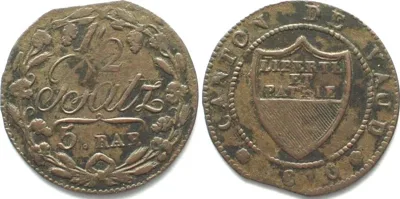 1810 Swiss Cantons VAUD, Canton. 1/2 Batzen 1810 billon VF+